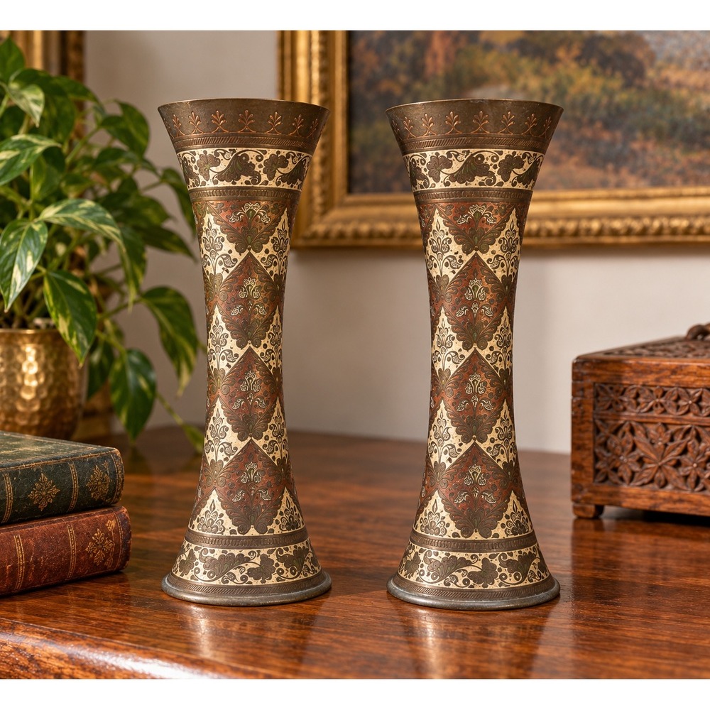 Vintage Pair Indian Brass Copper Mixed Metal Engraved Floral Vases